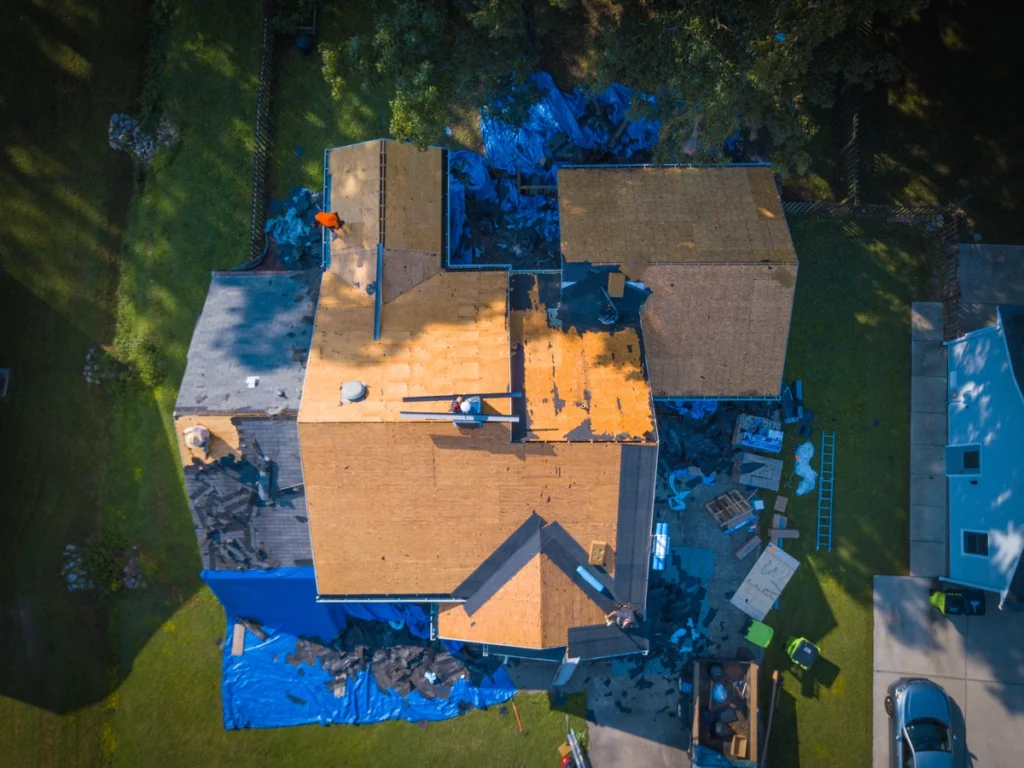 drone aerial view of a full roof replacement in Florida
