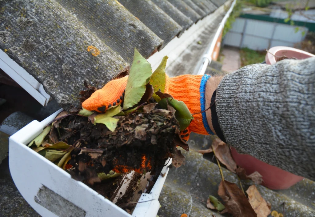 clearing debris from gutter with hands