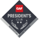 Diamond-shaped GAF President’s Club badge with two stars and laurel branches below the text, and “GAF MASTER ELITE” written on a silver ribbon at the bottom.