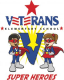 Two cartoon superheroes, a boy and a girl, stand in front of a large blue “V” with a yellow starburst. Above them, “Veterans Elementary School” is written, and below them, “Super Heroes” is written in red.