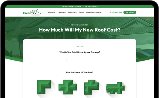 A computer screen displays the GreenTek Roofing Calculator website, showing a question about total home square footage and various roof shape options for estimating new roof costs in roofing Tampa projects.