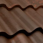 Close-up of brown, wavy, corrugated roofing sheets with a textured, slightly rusty surface.