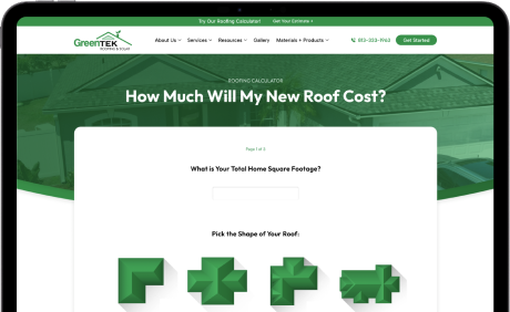 A roofing calculator webpage from GreenTek Roofing shows a form asking for total home square footage and to pick the shape of the roof, with green and white design elements on a tablet screen.