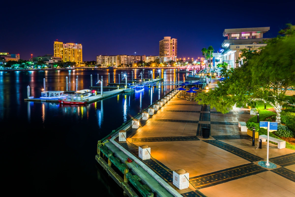 Tampa Riverwalk at night with lights 