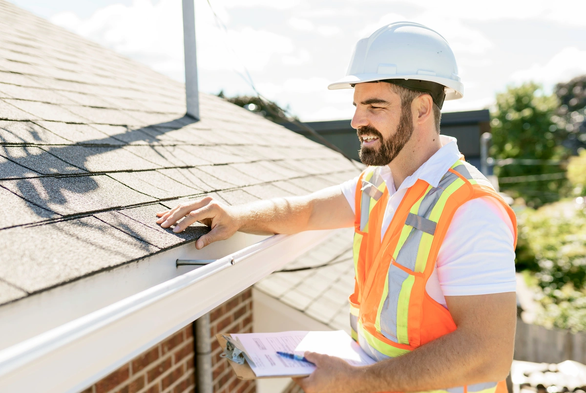 A bearded roof inspector examines a roof