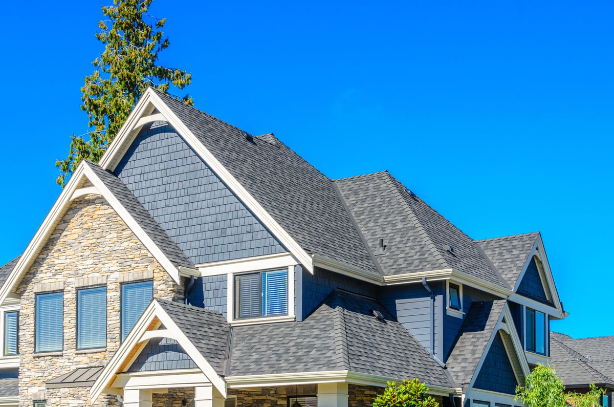 Modern house with best roof shingles in gray, stone accents, multiple gables, and white trim, set against a clear blue sky and lush greenery.
