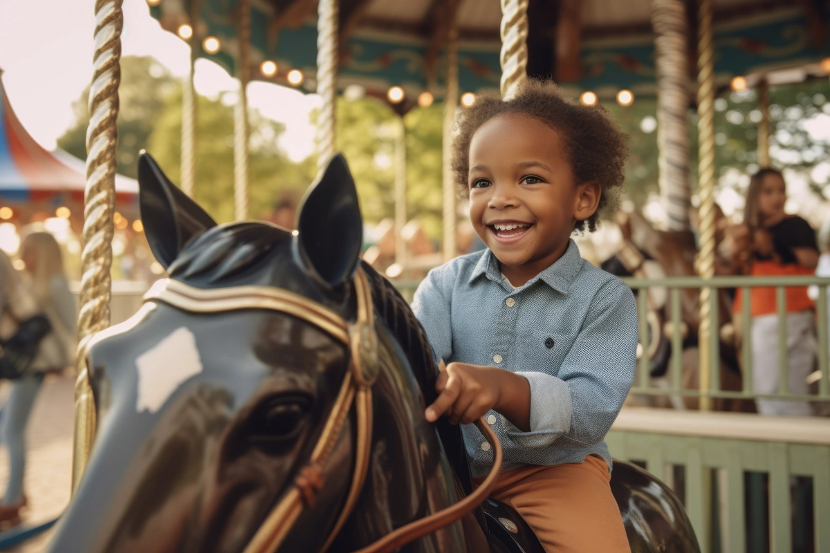 Little boy rides a carousel