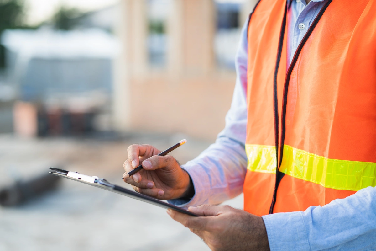 A person wearing an orange safety vest and light blue shirt is holding a clipboard and writing with a pencil at an outdoor construction site, possibly filling out a roof inspection checklist. The background is blurred.