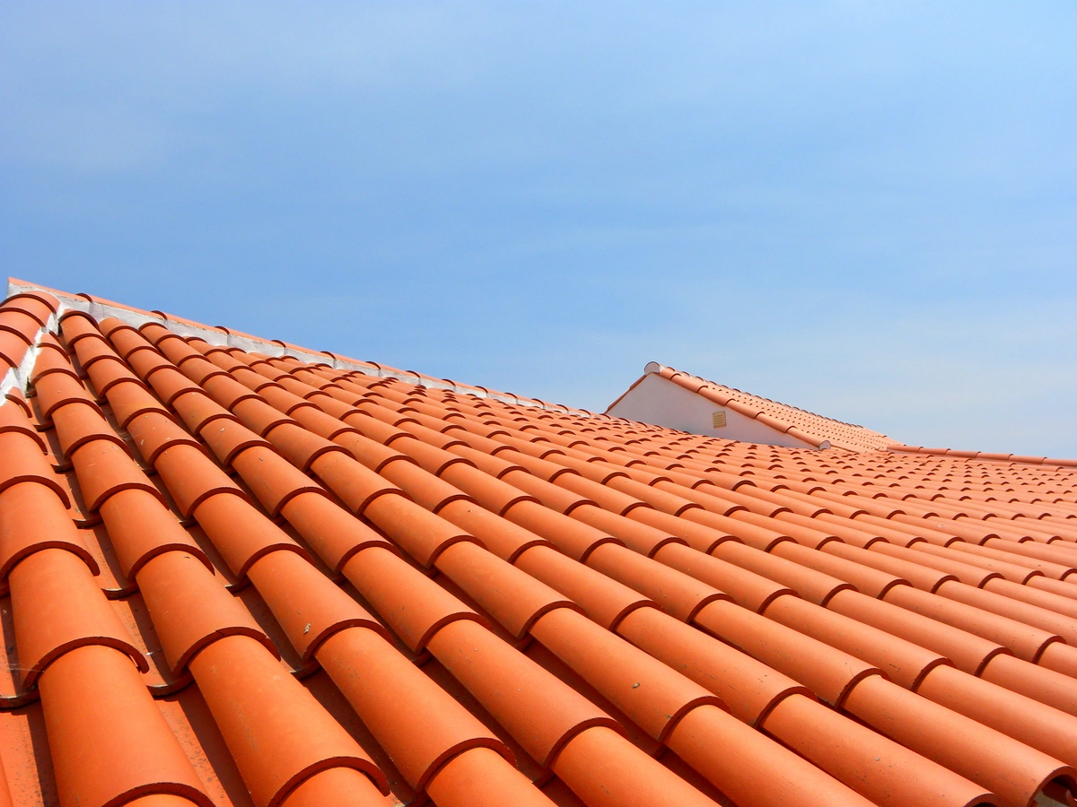 Rows of orange clay roof tiles on a sloped roof under a clear blue sky, with additional rooftops visible in the background, showcasing an alternative to the best roof shingles for Florida.