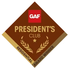 A diamond-shaped badge with "GAF" at the top, "President's Club" in the center, and "Residential Award Winner" along the bottom. Two gold laurel branches and a star decorate the center.