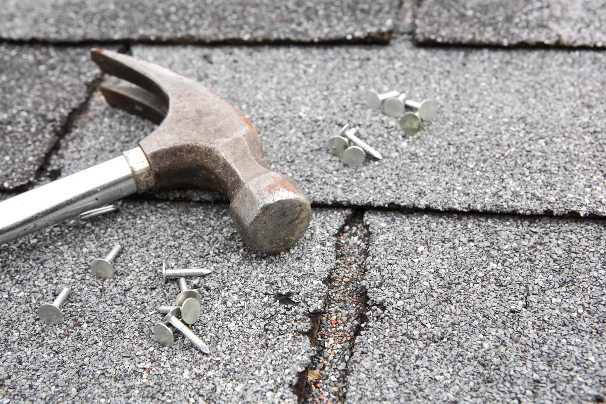 A hammer and several roofing nails are lying on gray asphalt shingles, with a visible crack between the shingles—demonstrating where to nail shingles for proper installation.