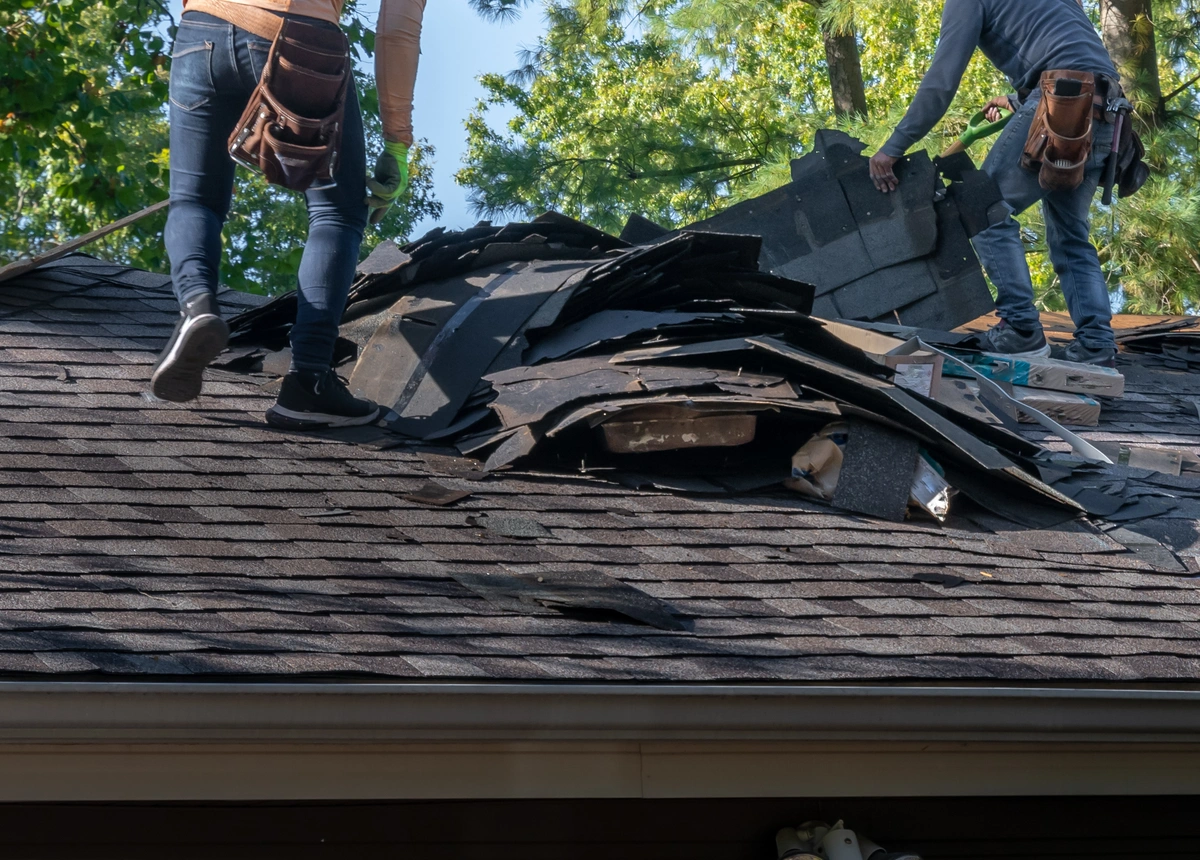 two roofers pulling up shingles