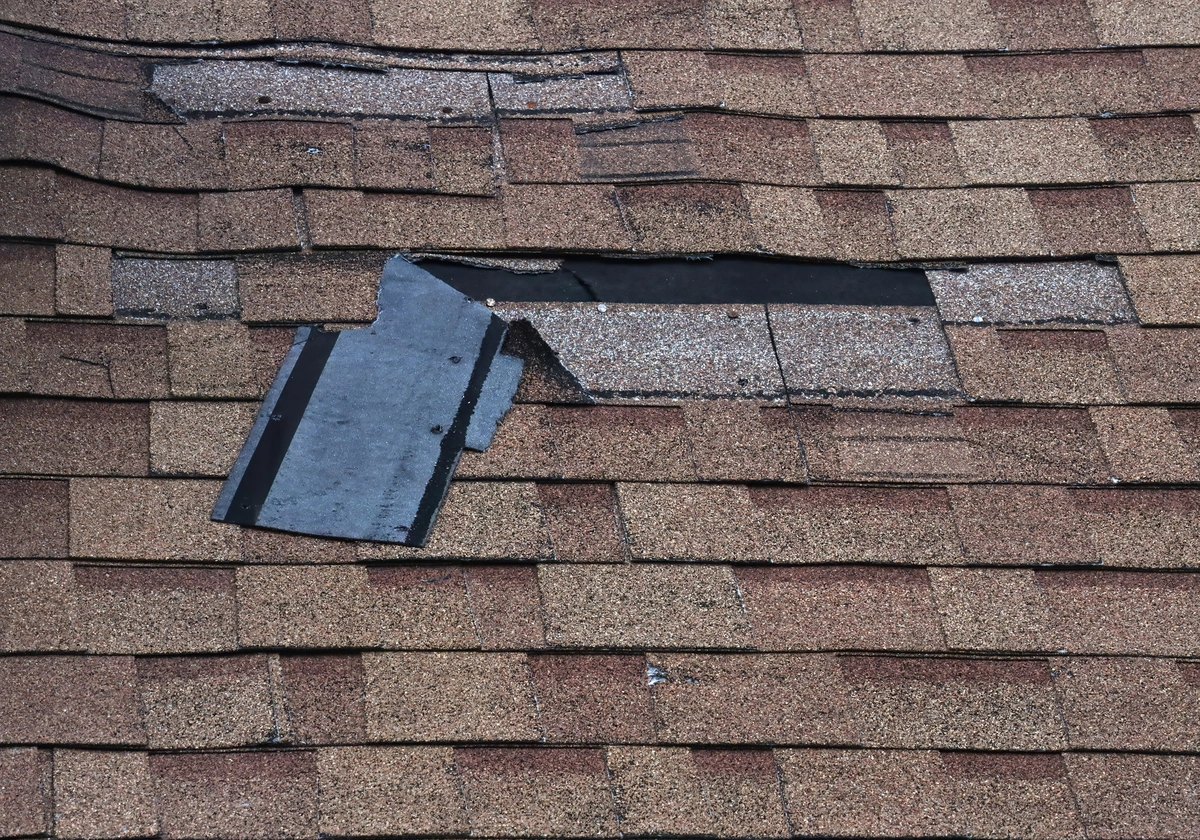 ripped up asphalt shingles