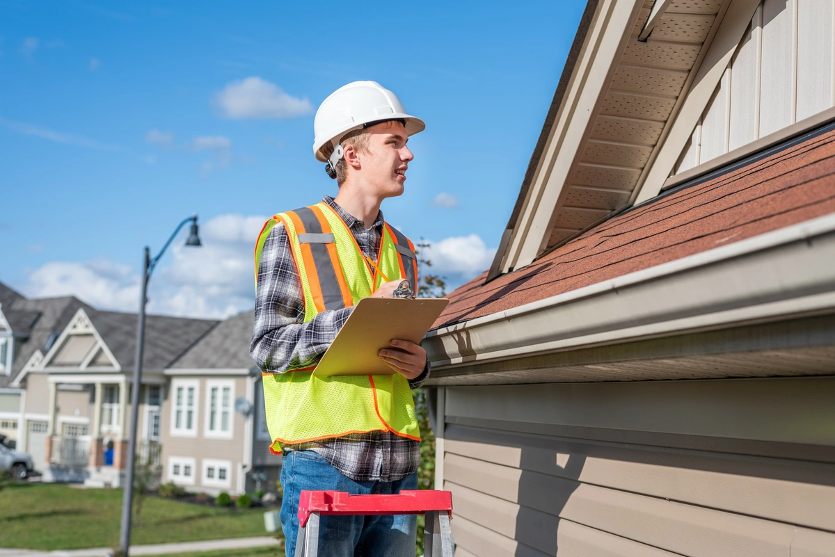 A construction worker in a safety vest and hard hat stands on a ladder, inspecting a house roof and taking notes on a clipboard, possibly answering how long does a roof inspection take, with suburban homes in the background.
