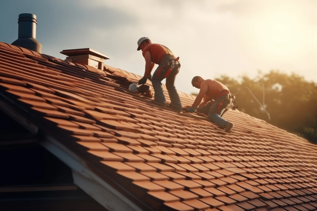 Roofers installing a tile roof