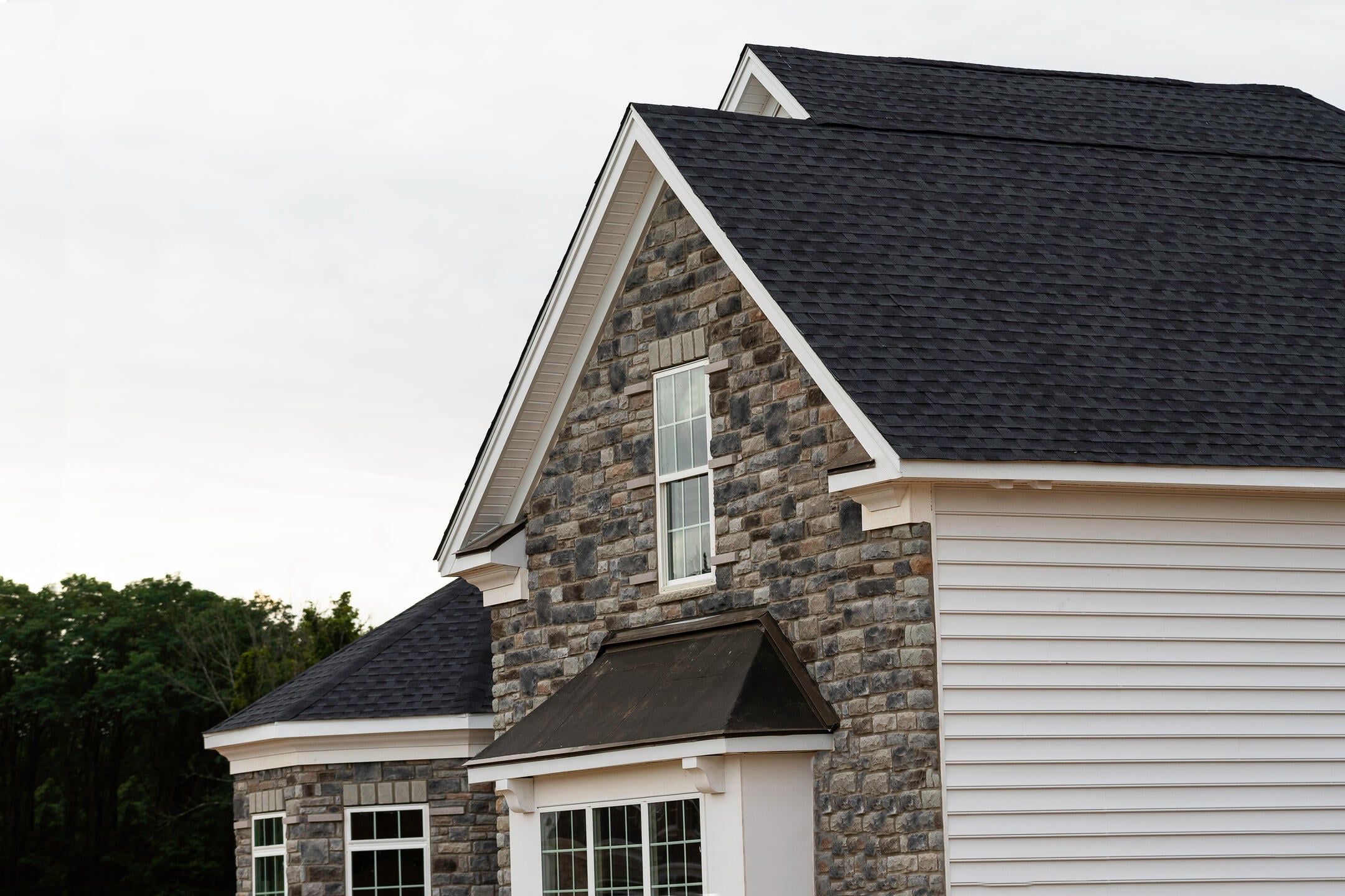 A close-up of a modern house exterior with stone and white siding, black shingles on the roof, and several windows. Trees are visible in the background under a cloudy sky.