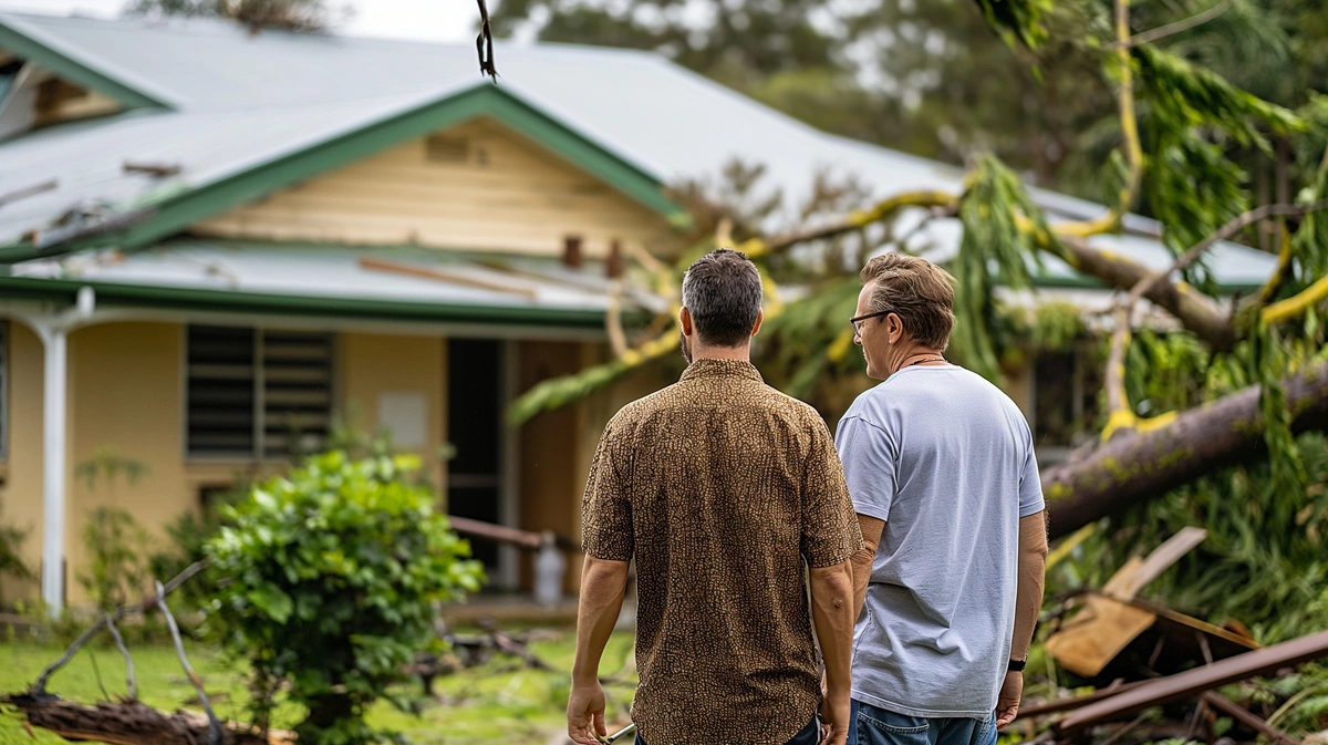 Two men stand outside, surveying a house damaged by a storm. Fallen trees and debris litter the yard, highlighting the urgent need for storm damage cleanup. The atmosphere is tense and somber as they assess the scene.