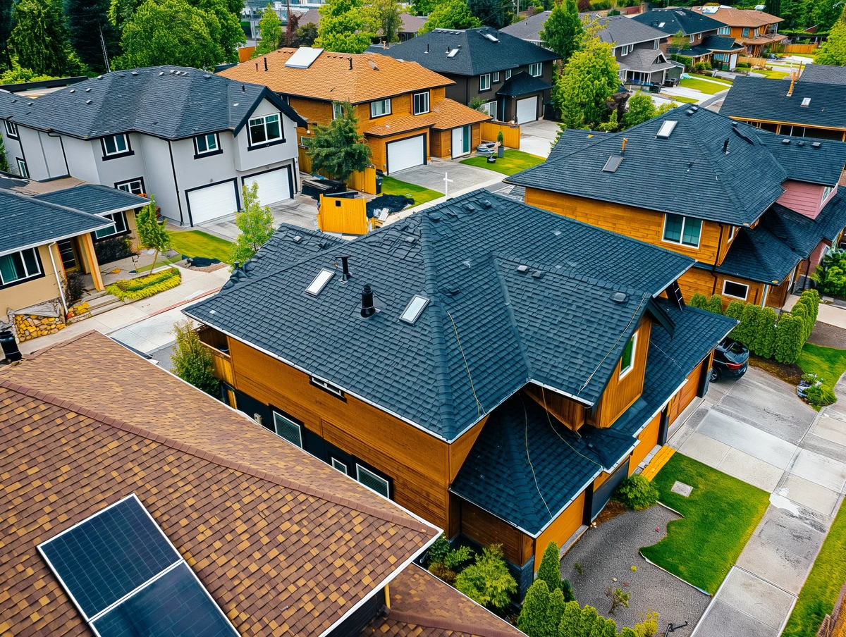 Aerial view of a suburban neighborhood featuring modern houses with dark roofs and clean driveways, surrounded by green trees. One roof in the foreground highlights solar panels, showcasing the difference between shingle vs tile roof choices.