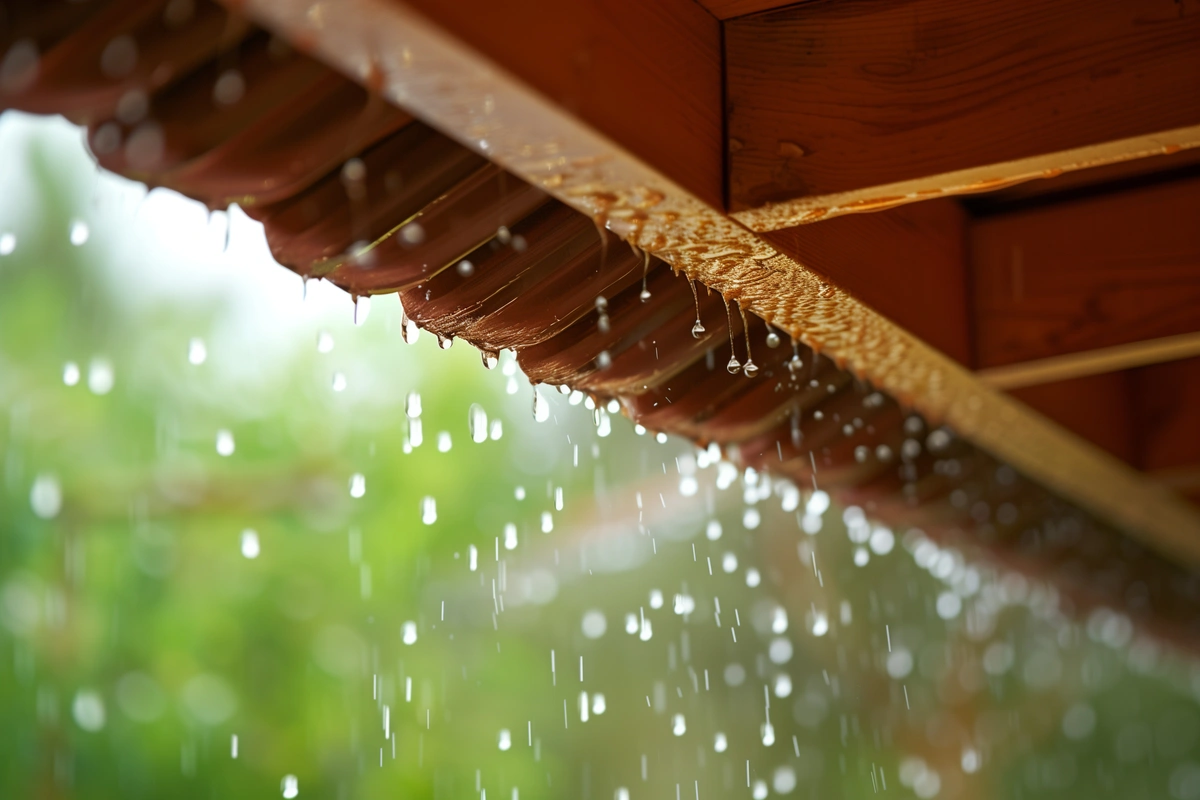 Close-up of raindrops falling from the metal roof drip edge, with water droplets splashing and a blurred green background.