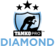 Logo featuring a blue shield with a silhouette of a person working on a roof, three black stars above, "TAMKO PRO" text below, and the word "DIAMOND" in blue at the bottom.
