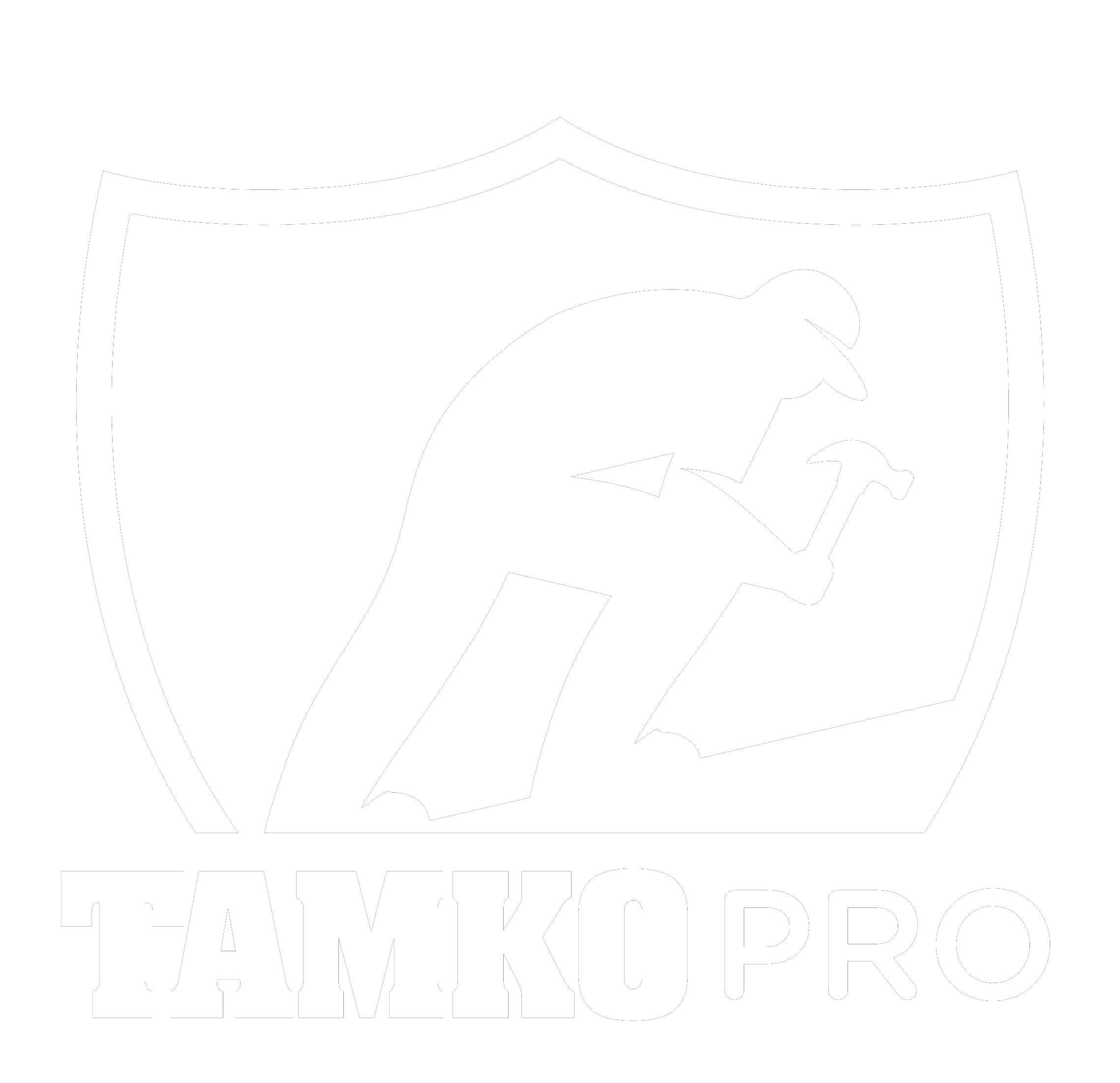 White logo featuring a shield outline with a silhouette of a person using a hammer, symbolizing roofing Tampa expertise. Below the shield, the text reads "TAMKO PRO" in bold letters.