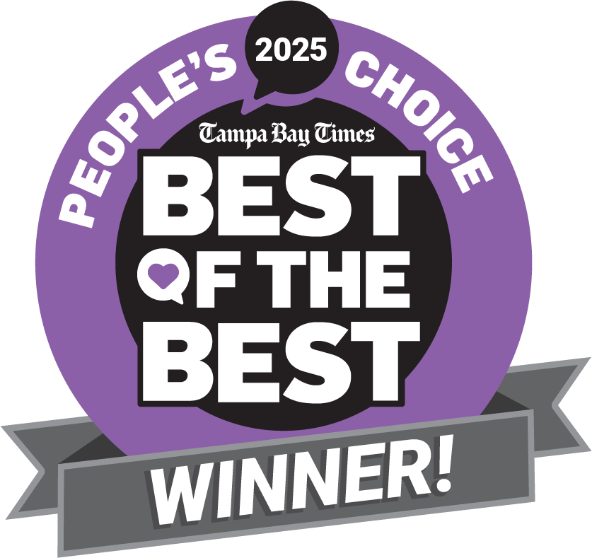 A purple and black badge that reads "Tampa Bay Times BEST OF THE BEST 2025 People's Choice WINNER!" with a gray ribbon at the bottom—perfect for showcasing top roofing Tampa achievements.