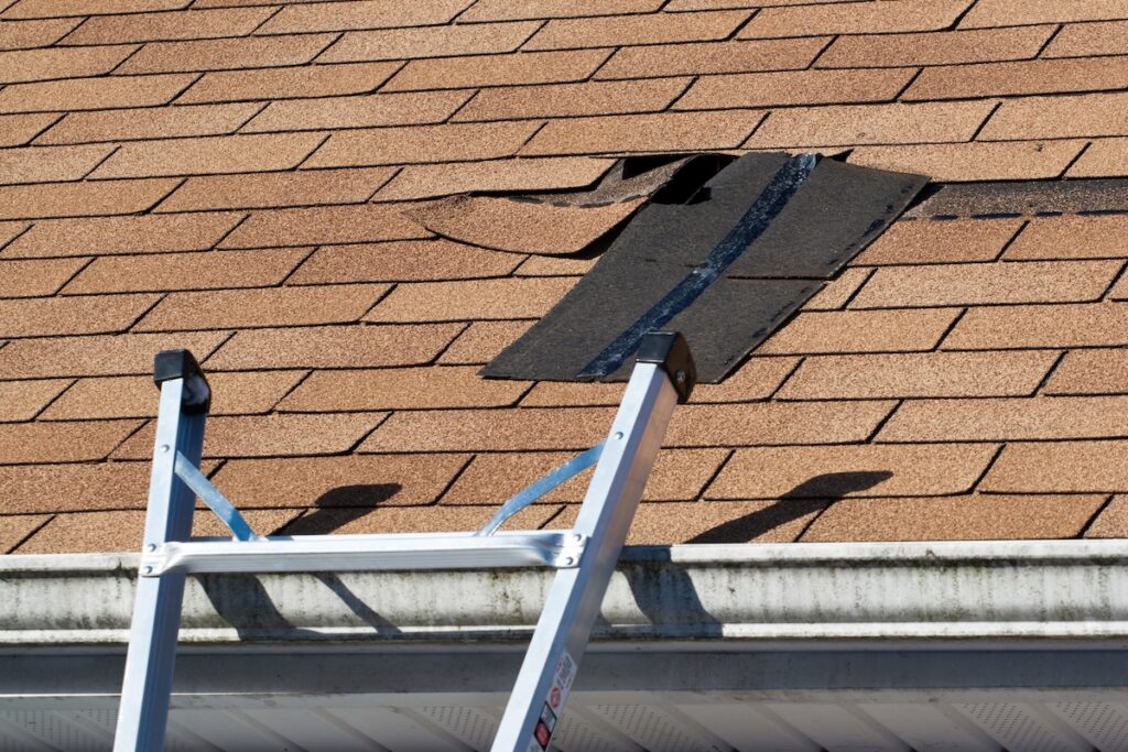 A metal ladder leans against a house, reaching up to a roof with damaged and missing brown shingles—clear signs of storm damage to the roof, as black underlayment is exposed beneath the broken area.
