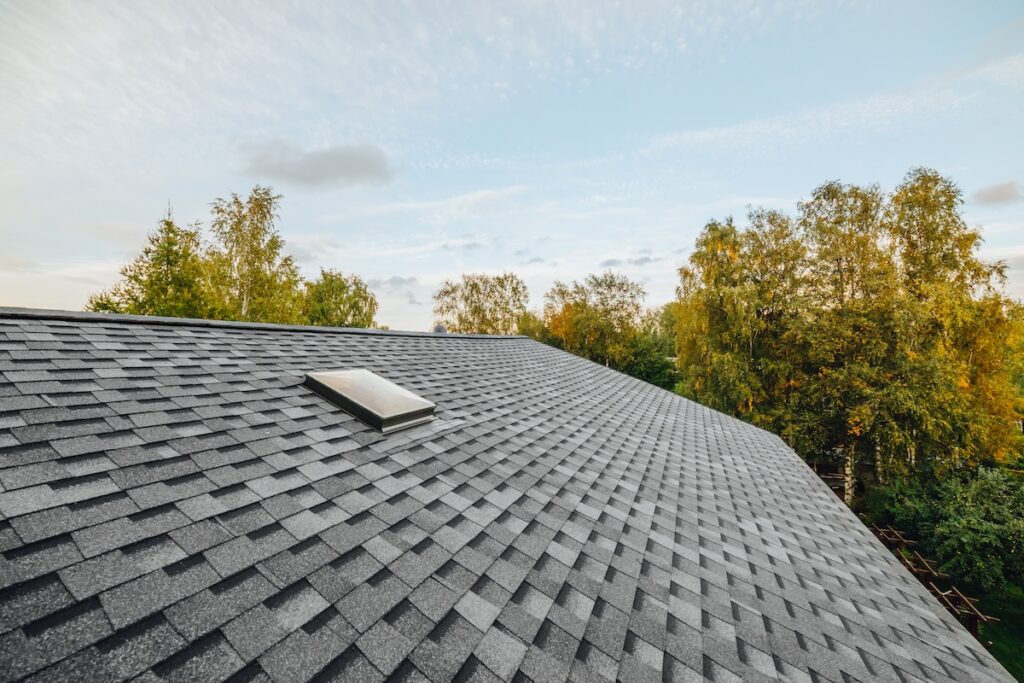 Gray composition shingles roof with a small skylight, surrounded by green and yellow trees under a partly cloudy sky.