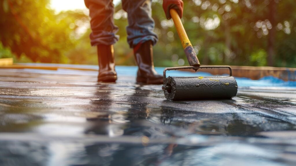 modified bitumen roof repair A person in boots uses a roller to apply black waterproof sealant to an outdoor surface, with sunlight and greenery in the background.