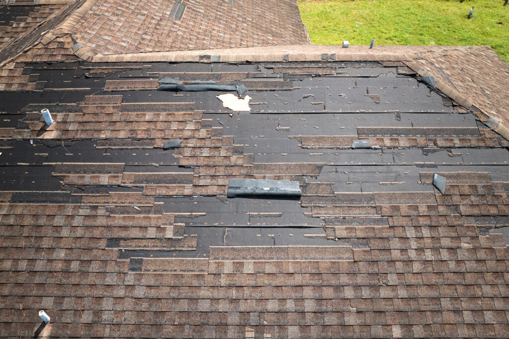 wesley chapel storm damage insurance A house roof with many missing and damaged shingles, exposing the black underlayment beneath. Some shingles are scattered, and the damage covers a large section of the roof. Grass is visible in the upper right corner.