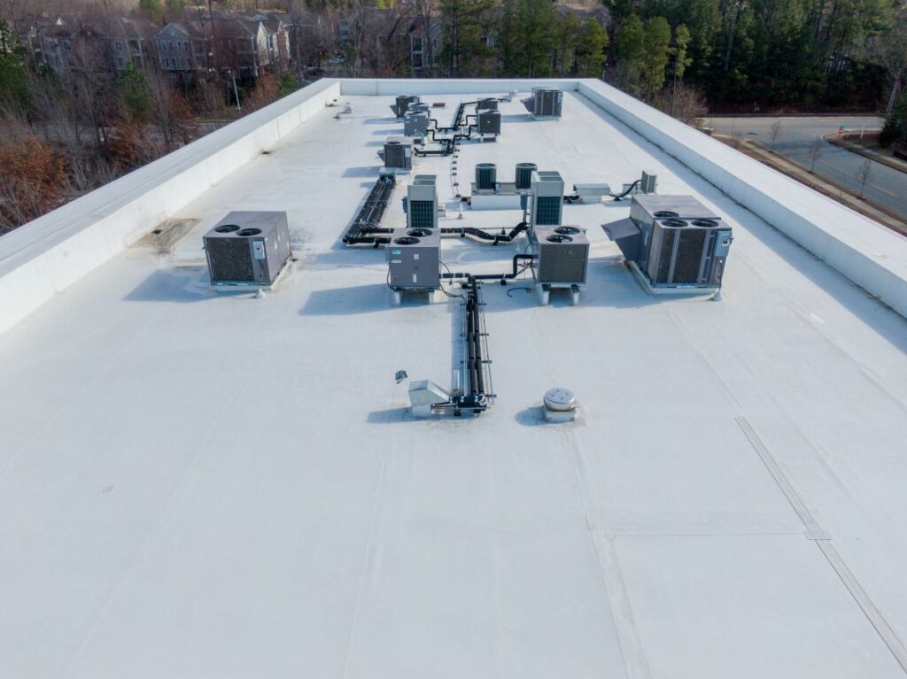 big tpo roofing installation commercial building roof drone