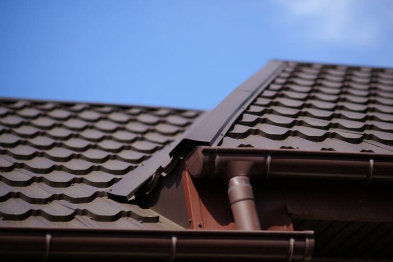 shingle vs metal roofing Wesley mchapel dark brown roof close up blue sky