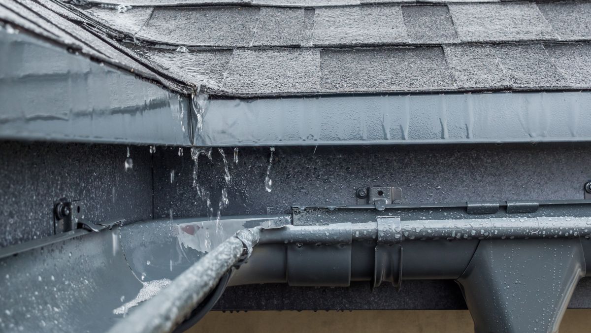 types of gutters grey metallic gutter close up shingle roof